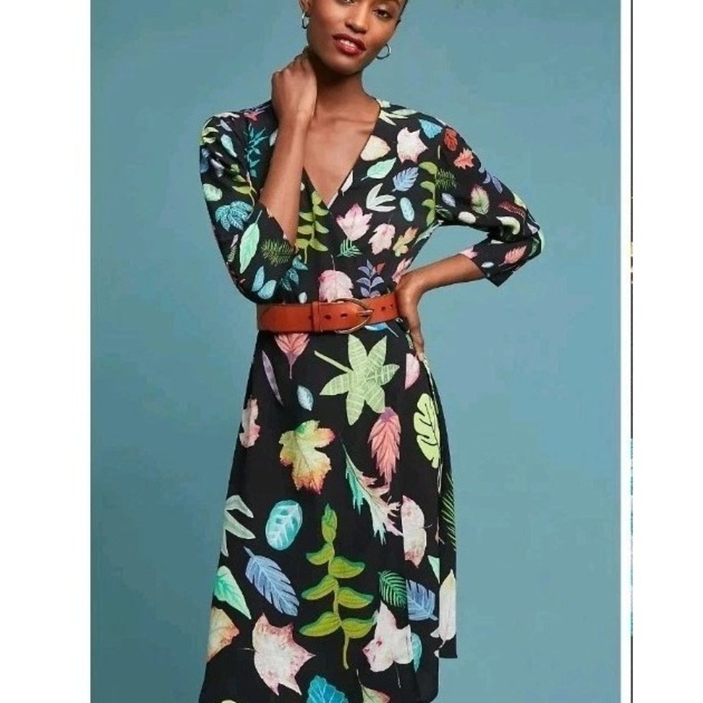 Anthropology Bl^nk Colario Wrap dress Midi 3/4 Sleeves Sz S Colorful Leaves